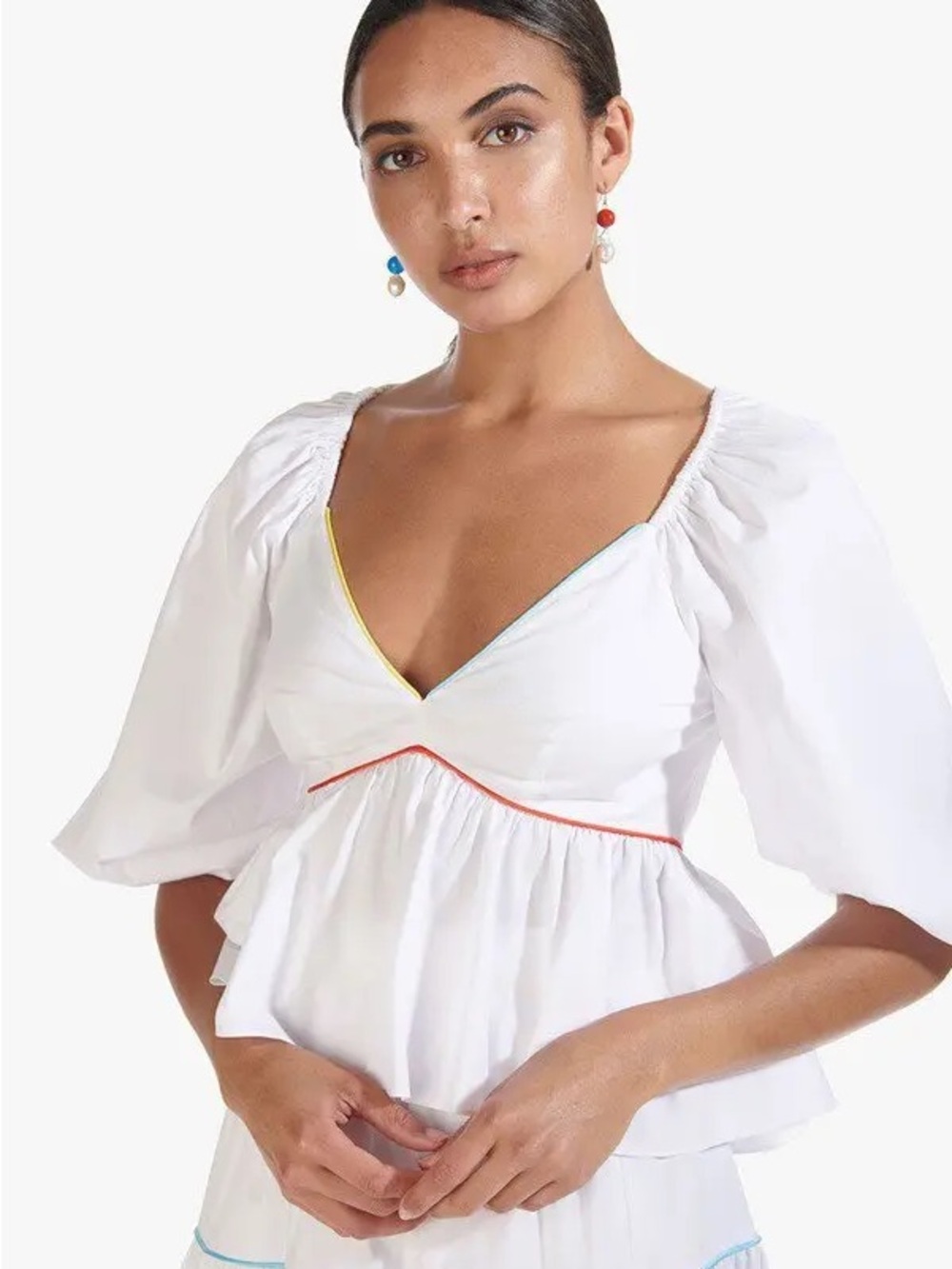 STAUD Dani White Peplum Puff-Sleeve Top with Multicolor Trim